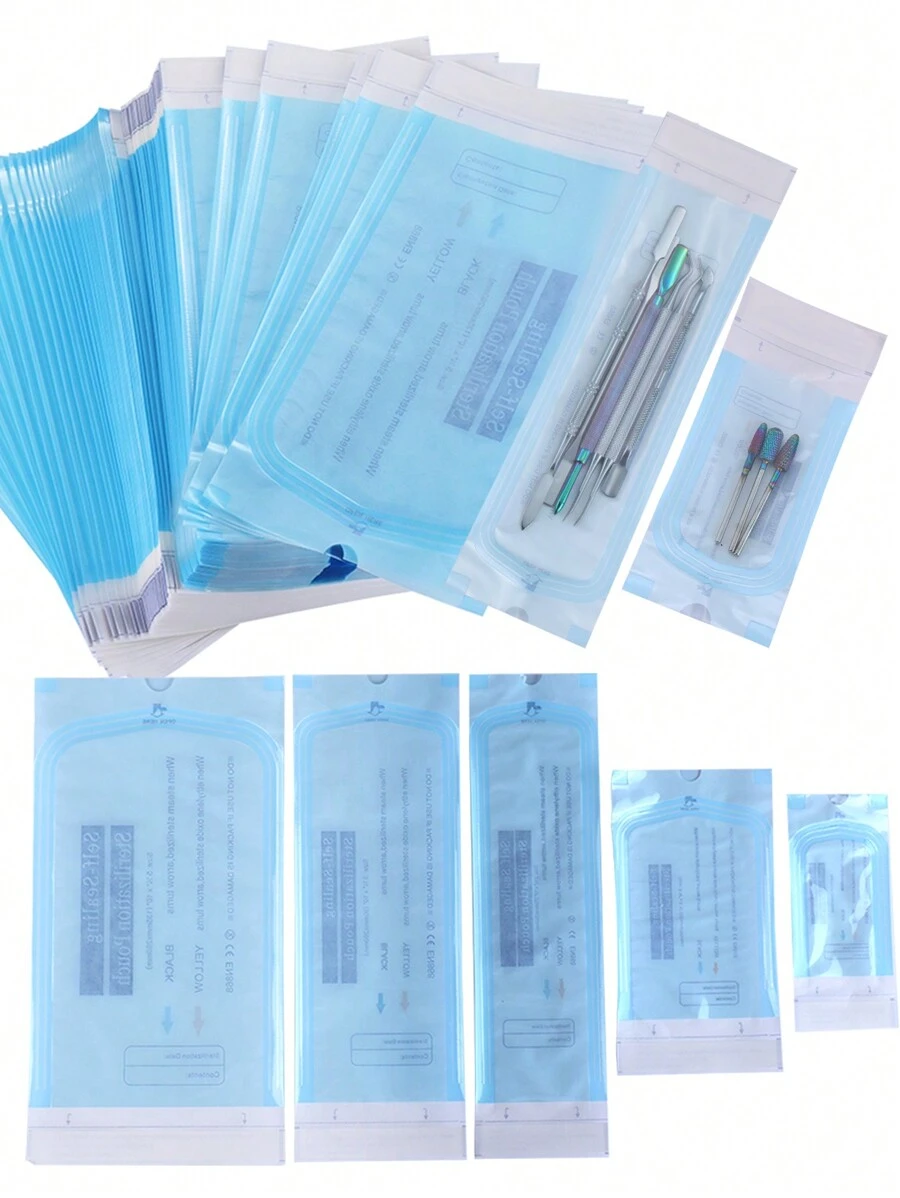 50个一次性自封消毒袋,5种尺寸,适用于消毒和存放美甲工具,如指甲锉、不锈钢钻头、镊子、剪刀和其他美甲用品。 - 彩色 - 查看 1