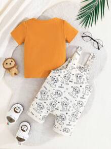 Summer Baby Boy Stylish Casual Set, Solid Color Short Sleeve Top And Cute Lion Overalls, Toddler Two-Piece Outfit
