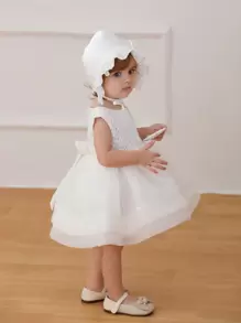 Baby Girls' White Tulle Dress With Matching Hat For Wedding / Party