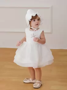 Baby Girls' White Tulle Dress With Matching Hat For Wedding / Party