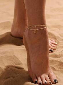 2 peças Pulseiras de Tornozeleira com Letras Iniciais das Mulheres Banhadas a Ouro 14K, Correntes de Pé Impermeáveis em Camadas, Presentes de Jóias de Verão Para Meninas e Mulheres