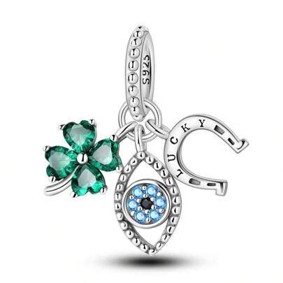 Lucky Four-Leaf Clover Blue-Eyed Horseshoe Charms Pendant Fit Original Bracelet Necklace Women 925 Sterling Silver Fine DIY Beads Jewelry Birthday Gift Valentines