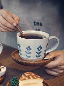 Aesthetically Handcrafted Coarse Pottery Coffee Mug With Wooden Coaster/Without Coaster, Small Blue Flower/Geometric Triangle Pattern Design, Suitable For Home And Office Use Back To School