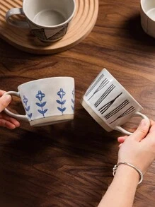 Aesthetically Handcrafted Coarse Pottery Coffee Mug With Wooden Coaster/Without Coaster, Small Blue Flower/Geometric Triangle Pattern Design, Suitable For Home And Office Use Back To School