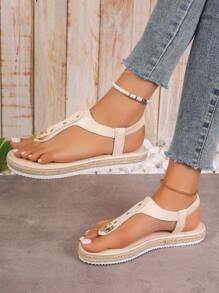 Women's Flat Rope Thong Slip-On Sandals With Rivet Adjustable Strap, Round Toe Hollow Out Non-Slip Outdoor Flat Casual Slides - Beige - View 6