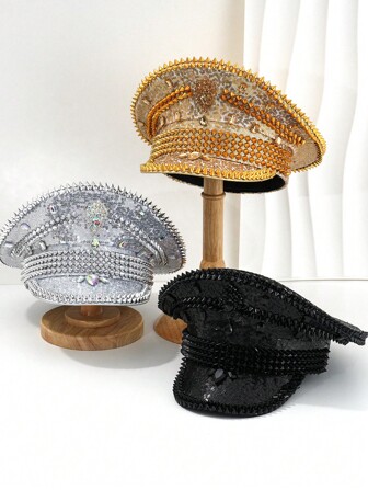 1 件男女通用银色、金色、黑色派对帽，手工制作的闪亮铆钉和水钻朋克蒸汽朋克配饰，独特的个性化华丽软冠帽，新款复古珠宝和水晶，银色吊饰，星光船长帽，颠覆性的性感风格，适用于欧美风格派对、婚礼、爵士乐表演、舞台表演、单身派对、节日宴会