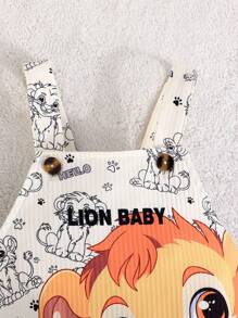 Summer Baby Boy Stylish Casual Set, Solid Color Short Sleeve Top And Cute Lion Overalls, Toddler Two-Piece Outfit