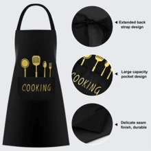 一件防水黑色烹饪围裙，适合厨师、烹饪爱好者和家庭厨师，男女通用设计 - 黑色 - 查看 6