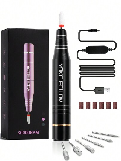 YOKEFELLOW مجموعة آلة حفر الأظافر الكهربائية المحمولة من YOKEFELLOW، الوردي والأسود والرمادي، 30000 دورة في الدقيقة مع 6 قطع من أجزاء الحفر، آلة مانيكير كهربائية احترافية لصالون الأظافر والهدايا لعيد الأم