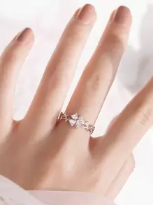 1 pieza Anillo abierto de acero inoxidable con trébol de cuatro hojas púrpura y circonita, anillo de nicho de alta gama con delicada sensación premium