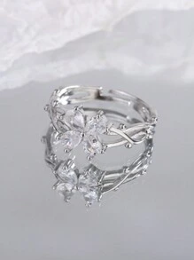 1 pieza Anillo abierto de acero inoxidable con trébol de cuatro hojas púrpura y circonita, anillo de nicho de alta gama con delicada sensación premium