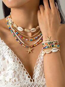 imoli 2pcs/Set Bohemian Beach Style Colorful Beaded Handmade Starfish Necklace & Bracelet Jewelry Set For Women, Party Gift (Random Color Beads, Handmade Chain Length & Seashell Size May Vary) - Multicolor - View 12
