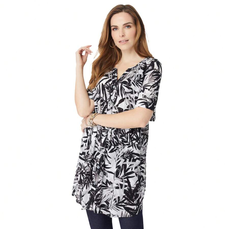 Roaman's Women's Plus Size Short-Sleeve Angelina Tunic - GREY TROPICAL LEAVES - View 1