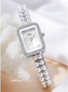 1 pièce Montre pour femme avec bracelet en alliage et cadran carré décoré de perles, style simple, cadeau