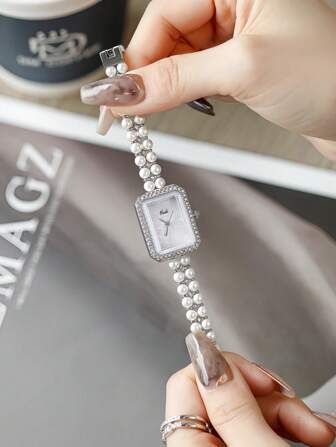 1pc Alloy Band Pearl Decor Square Dial Women Watch, Simple Style Gift