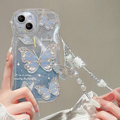 Luxury Phone Charm Elegant Glitter Gold Butterfly Series Delicate Women's Phone Case, Comes With Enamel Butterfly Bracelet, Compatible With IPhone 15/15Pro/15ProMax/14/13/12/11/XsMAX, Phone Protection Cover