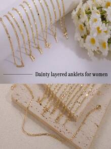 2 peças Pulseiras de Tornozeleira com Letras Iniciais das Mulheres Banhadas a Ouro 14K, Correntes de Pé Impermeáveis em Camadas, Presentes de Jóias de Verão Para Meninas e Mulheres