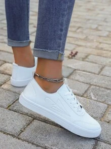 Women White Shoes, British Style Pure White Lace Up Leather Sneakers, Round Toe Low Cut Flat Skateboarding Shoes, Fashion Breathable Non-Slip Student Shoes