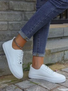Women White Shoes, British Style Pure White Lace Up Leather Sneakers, Round Toe Low Cut Flat Skateboarding Shoes, Fashion Breathable Non-Slip Student Shoes