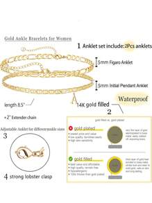 2 peças Pulseiras de Tornozeleira com Letras Iniciais das Mulheres Banhadas a Ouro 14K, Correntes de Pé Impermeáveis em Camadas, Presentes de Jóias de Verão Para Meninas e Mulheres