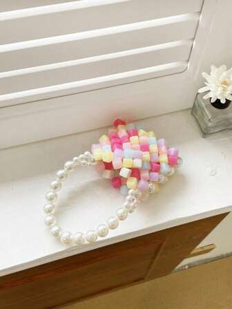 1 件女孩彩色串珠块手提包，开口设计，时尚可爱公主风格，适合儿童、夏季假期礼物或日常装扮