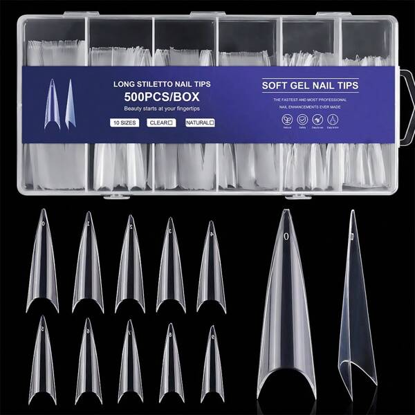 500 Pezzi Di Unghie Finte Francesi Lunghe Xl A Punta Chiara Con 10 Diverse Taglie, Adatti Per Saloni Di Bellezza E Fai Da Te A Casa (Solo Unghie In Scatole Trasparenti Vengono Vendute) Unghie False Per Applicare Pressione Forniture Per Unghie