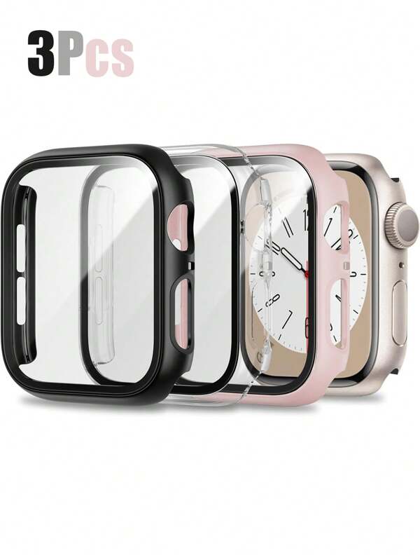 3 Packs Pc + Tempered Glass All-In-One Watch Case, Anti-Drop Stylish Protective Cover, Compatible With Apple Watch Case 40/41/42/44/45/46/49mm, Compatible With Apple Watch Series Ultra/Se/11/10/9/8/7/6/5/4, Smart Watch Accessories Men Women