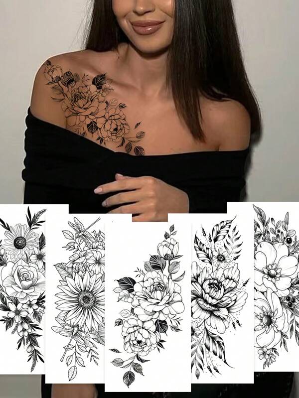 5pcs Black Flower Temporary Tattoos, Waterproof And Sweatproof, Lasting For 5-7 Days On Different Parts Of The Body
