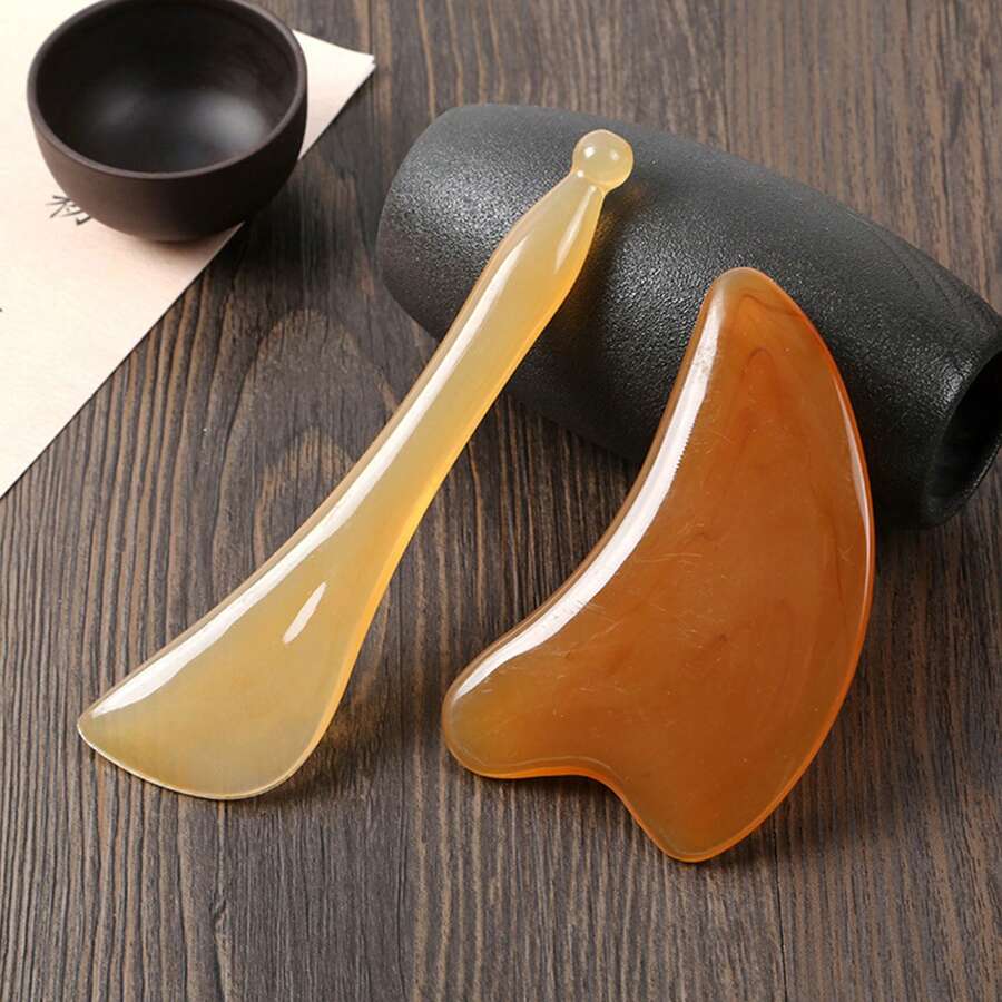 2 件装水牛角按摩刮痧板，面部美容和眼部按摩工具，适合全身使用
