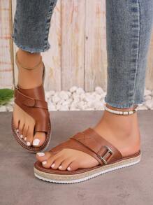 Women's Flat Rope Flip Flops With Rivet, Elastic Slip-On Round Toe Flat Sandals, Hollow Peep Toe Anti-Slip Flat Outdoor Sandals