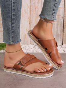 Women's Flat Rope Flip Flops With Rivet, Elastic Slip-On Round Toe Flat Sandals, Hollow Peep Toe Anti-Slip Flat Outdoor Sandals