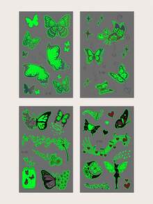 4入組蝴蝶夜光暫時性紋身貼紙，夢幻漸層設計搭配仙女、花朵、音符、許願瓶、月亮、心形圖案，防水紋身貼花適用於少女 - 彩色 - 查看 4