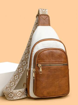 Fashionable Crossbody Bag, Bohemian Style Color-Block Chest Bag With Shoulder Strap, Ideal For Sports, Fitness, Casual Outing, Carrying Cellphone And Small Change , Bohemian Outfit For Women