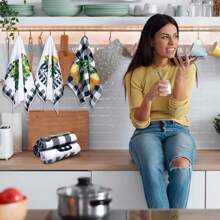 6 Piezas de Toallas de Cocina con Limones, Toallas de Plato de Verano Divertido, Toallas de Mano a Cuadros Amarillos y Negros, Toallas de Té Decorativas Absorbentes con Bucle Colgante para Regalo de Inauguración de la Casa, Cocina, Baño, Hogar, Suministros para el Hogar