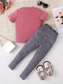 2pcs Young Girl Casual Style English Letters, Leopard Print And Heart Pattern Short Sleeve T-Shirt And Trousers Summer Outfits - Rusty Rose - View 2