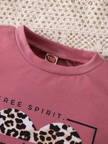 2pcs Young Girl Casual Style English Letters, Leopard Print And Heart Pattern Short Sleeve T-Shirt And Trousers Summer Outfits - Rusty Rose - View 3