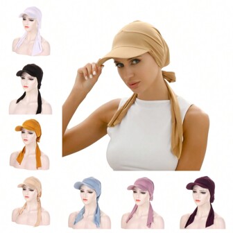 1頂新款多色太陽帽，配有蝴蝶結和褶皺邊，時尚的發帶帽