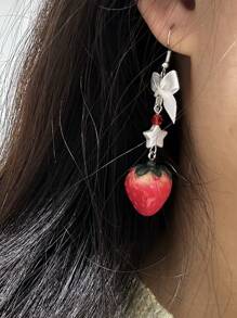 1pair Handmade Y2K Star, Bow, Strawberry Shaped Pendant Earrings, Suitable For Women To Wear As Aesthetic Jewelry Accessories, A Delicate Gift For Family