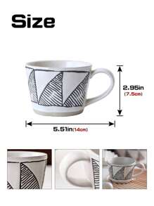 Aesthetically Handcrafted Coarse Pottery Coffee Mug With Wooden Coaster/Without Coaster, Small Blue Flower/Geometric Triangle Pattern Design, Suitable For Home And Office Use Back To School