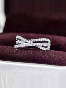 1pc Fashionable Exquisite Crossed Full Ring For Women, Great Gift For Valentine's Day, Date, Anniversary - Silver - View 12