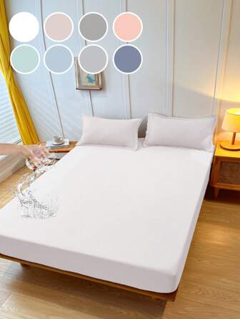 2/3pcs Waterproof Bed Sheets Set, Bedding Set, Fitted Sheet Set, Bed Cover Set, Skin-Friendly Mattress Cover Set, Soft And Comfortable Bedding For Bedroom, Solid Color Sheets Set, Independence Day Present, Deep Pocket Fitted Sheet, All Seasons, For Double Bed, Queen Bed, Full Size, Suitable For Bedroom, Dormitory, (1pc Fitted Sheet And 1/2pcs Pillowcase)