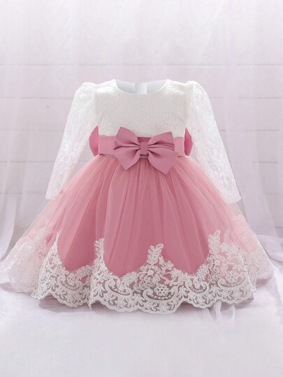 Vestido elegante y lindo de niña para niña de las flores con encaje, tul y lazo en la espalda para boda, fiesta o cumpleaños, sin diadema