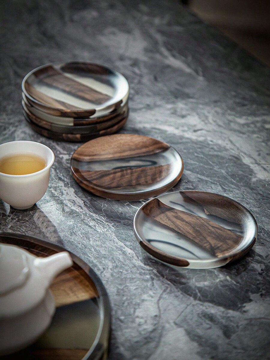 1pc Creative Nordic Style Wooden Resin Coaster, Ins Style Round High