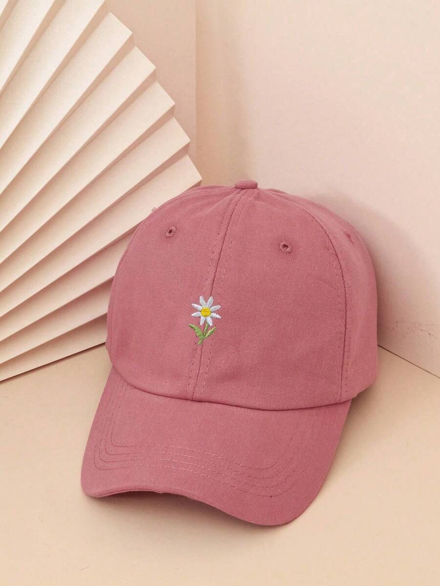 Unisex Y2K Flower Embroidery Baseball Cap, Simple Style Outdoor Cap For Daily Commuting, Youthful Sun Hat - Pink - View 1