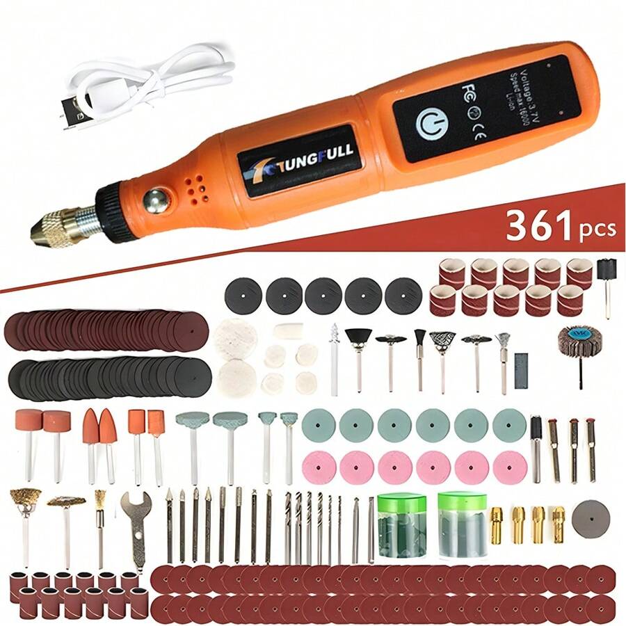 TUNGFULL 砂光機電動鑽，附361件旋轉工具 - USB充電式無線磨床鑽，迷你木工雕刻筆，無線鑽，用於珠寶、金屬、玻璃加工