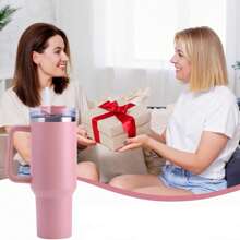 1 pieza Vaso de 40 Oz en color rosa claro con asa y pajita, vaso libre de BPA con tapa y pajita, botella de agua reutilizable de acero inoxidable aislada de doble pared para el hogar, la oficina y los viajes de vuelta a la escuela