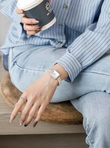 1 pièce Montre pour femme avec bracelet en alliage et cadran carré décoré de perles, style simple, cadeau