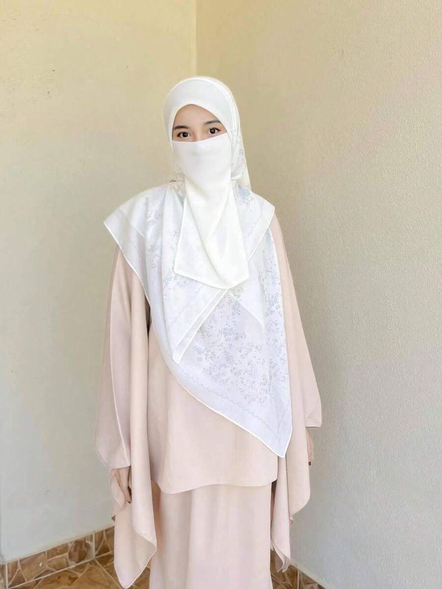 1pc Soft Chiffon Solid Color Women Arab Hijab With Elastic Band, Suitable For Daily Wear - Cream White - View 1