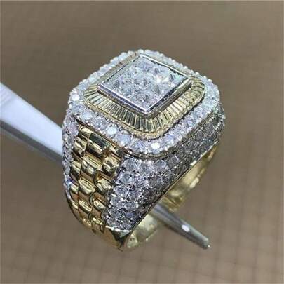1pc Men's Fashion Crystal Decorated Faux Gold Ring