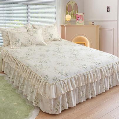 3入組植物大花朵雙層荷葉床裙套件（1床裙+2枕套，不包含床心），適用於臥室